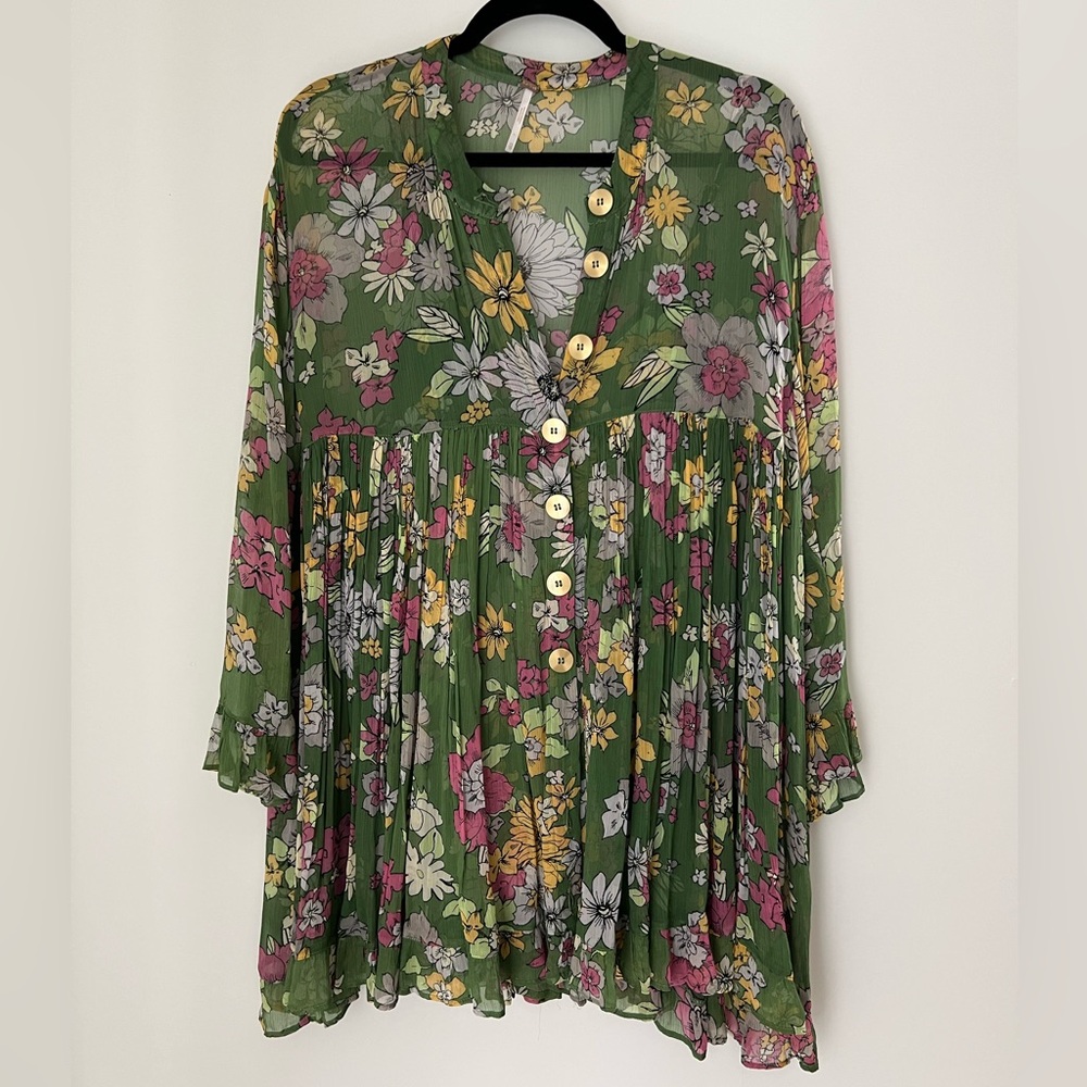 Free People Green and Pink floral babydoll dress with matching tank slip